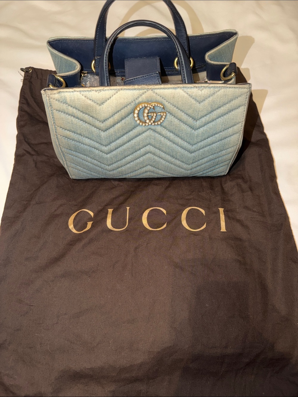 Gucci Small GG Marmont Matelassé Denim Pearl Tote Bag - Picture 16 of 16